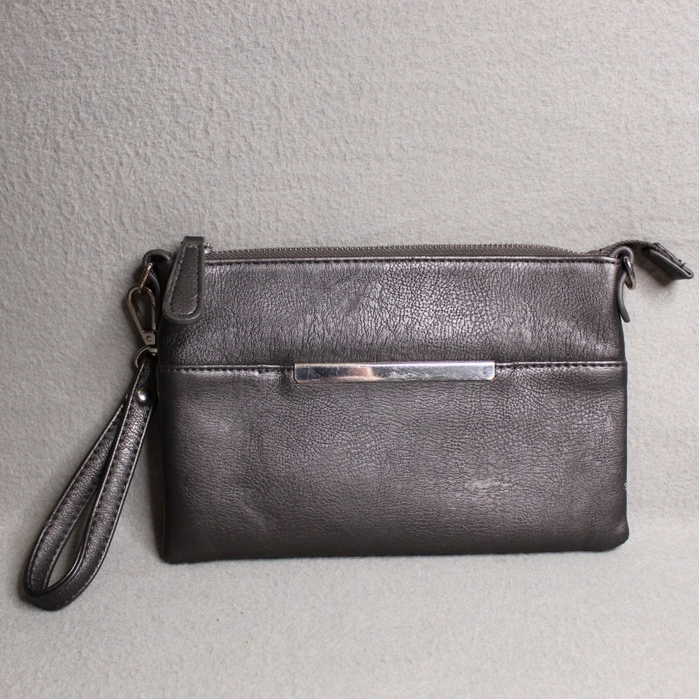 Charming Charlie Metallic Pewter Wristlet Clutch Bag Gunmetal Faux Leather Pouch